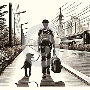 a man walking with a dog on a leash on a road, walking to work, walking towards you, walking through a suburb, walking alone