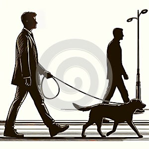 a man walking with a dog on a leash on a road, walking to work, walking towards you, walking through a suburb, walking in city