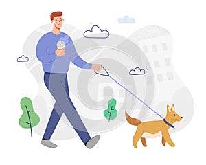 Man walking a dog, listening to music in headphones, drinking coffee in good mood, outdoors activity, male cartoon