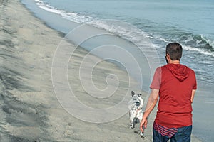 Man walking a dog in the morning on the beach