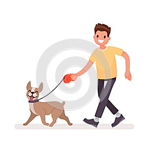 Man is walking with a dog. Vector illustration