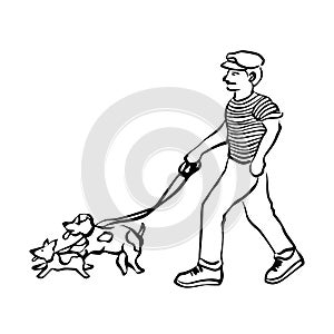 Man walking with dogs leash vector illustration doodle sketch