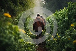 A Man Walking Down a Dirt Path in a Field. Generative AI.