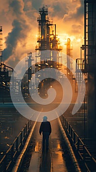 A man is walking down a long, dark, and wet pipe on oil refinery plant