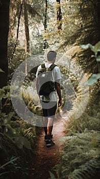 A man walking down a path in the woods. Generative AI image.