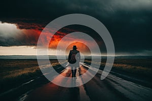 A man is walking down a road in the rain in dramatic weather. A concept of loneliness and depression