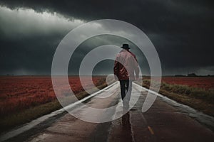 A man is walking down a road in the rain in dramatic weather. A concept of loneliness and depression