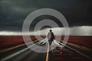 A man is walking down a road in the rain in dramatic weather. A concept of loneliness and depression