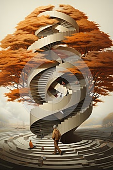 A man walking down stairs with a tree in the background. Generative AI image.