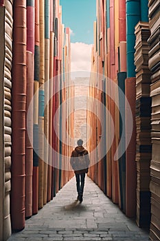 A Man Walking Down a Street Covered in Books, A Literary Journey. Generative AI.