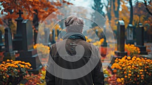 Man Walking Through Fall Cemetery