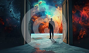 man walking into fantastic world through open door, new beginnings and new life, gate to heaven, afterlife and paradise