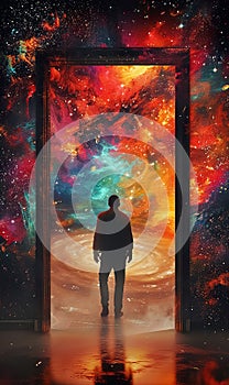 man walking into fantastic world through open door, new beginnings and new life, gate to heaven, afterlife and paradise