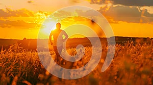 A man walking through a field at sunset