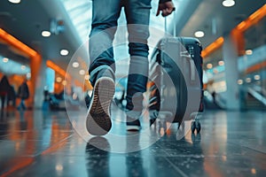 Man walking for flight with travel suitcase. Blurred airport lobby on background