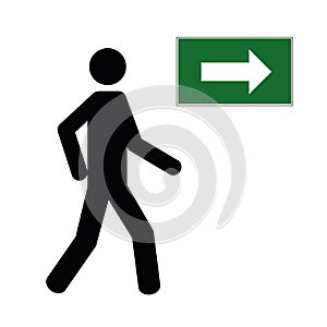 Man walking by foot icon pedestrian pictogram with green arrow photo