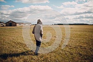 Man walking in grass field in autumn dressed