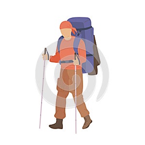 Man walking with hiking backpack and trekking sticks. Young guy explorer or traveller in sportswear. Adventure tourism