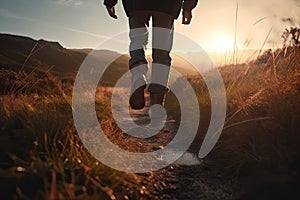 Man walking in hiking boots at unset on a hiking trail. Generative AI photo