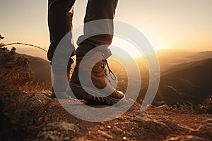 Man walking in hiking boots at unset on a hiking trail. Generative AI photo