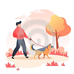 Man walking his happy dog in autumn park, pet care concept. Dog breed German Shepherd. The owner`s love for his pet. Vector