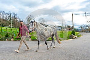 Man walking horse with a rope at an equestrian center