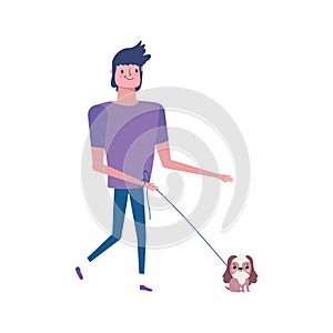 Man walking with little dog isolated icon white background