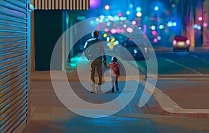 A man walking with a little girl in the city street at night. Dad and daughter in the glow of the city lights. Painted art picture