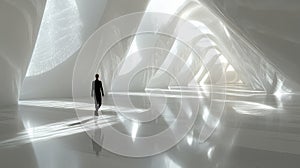 Man walking through luminous futuristic arches in a reflective space, symbolizing transition, exploration, and the photo
