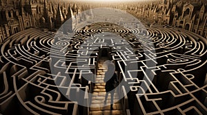 A man walking through a maze in the middle of a city. Generative AI image.