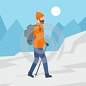 Man walking in mountain background, flat style