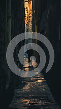 Man walking through a narrow, sunset-lit alley