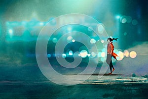 Man walking at nigh,gorgeous cold bokeh background