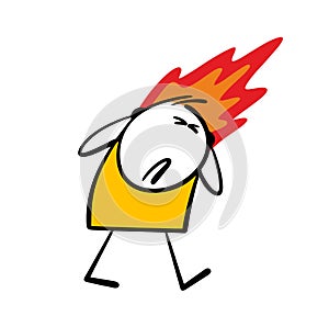 Man is walking, in pain. Headache, fire and flames from the body. Vector illustration of migraines and bad mood