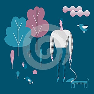 Man walking and playing with his dog. Flat style vector modern i