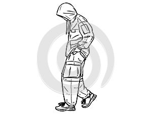 Man walking Put your hand in your pants pocket character on white background. Hand drawn style vector design illustrations.