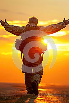A man is walking on a road with a backpack and a sun in the sky