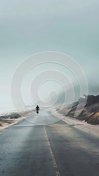 A man walking on the road in a foggy day with a bike, Generative AI illustrations