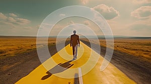 Man walking on the road to horizon. Concept of open way for business.