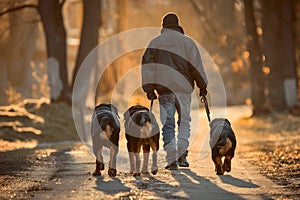 a man walking with Rottweilers. Ai generative