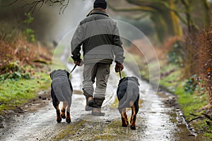 a man walking with Rottweilers. Ai generative