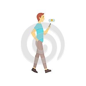 Man walking and sending message on his phone. Online dating service concept with boy talking in chat. Vector in flat