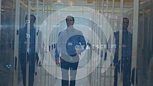 Man walking in server room with moving data security messages