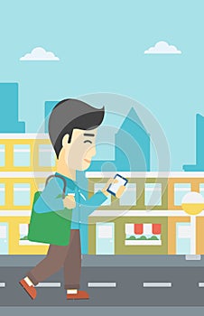 Man walking with smartphone vector illustration.