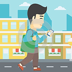 Man walking with smartphone vector illustration.