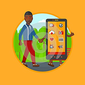 Man walking with smartphone vector illustration.