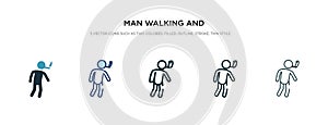Man walking and smoking icon in different style vector illustration. two colored and black man walking and smoking vector icons