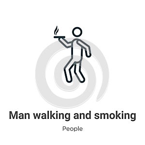 Man walking and smoking outline vector icon. Thin line black man walking and smoking icon, flat vector simple element illustration