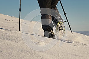 Man Walking On Snow With Shoe Spikes In Winter