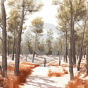 Man is walking through snowy forest. He appears to be alone and is carrying backpack with him as he walks along path in